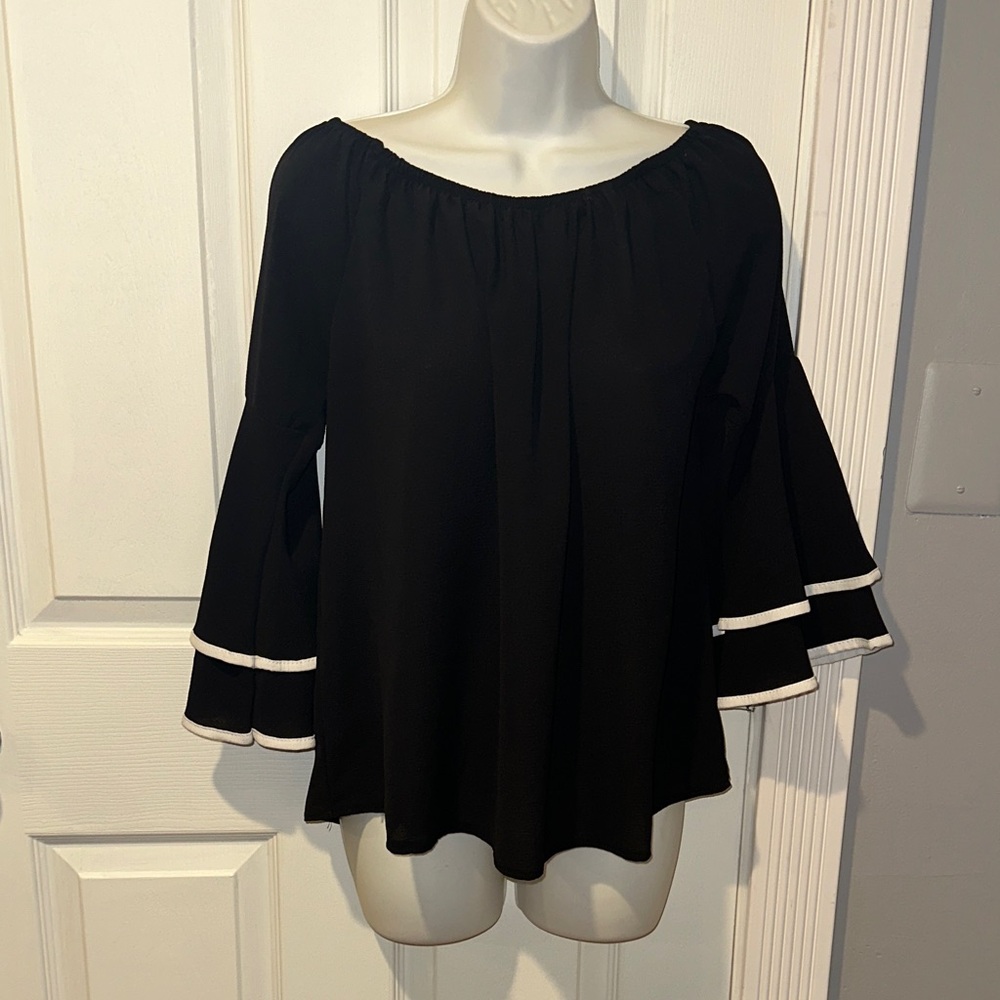 Chic Black Blouse with White Accents